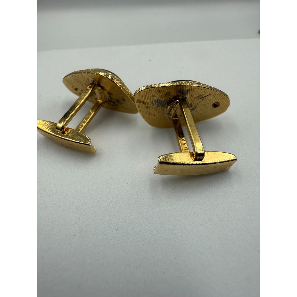 Vintage USA Gold Tone Faux Tigers Eye Striped Cabochon Cufflinks Retro Mens - Picture 3 of 5